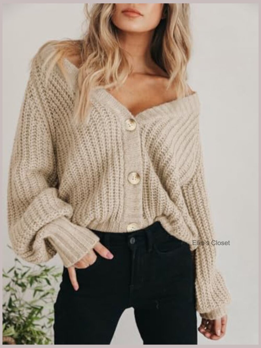 Chunky Knit Open Front Cardigan Long Sleeve Button V-Neck Loose Short - Picture 5 of 7